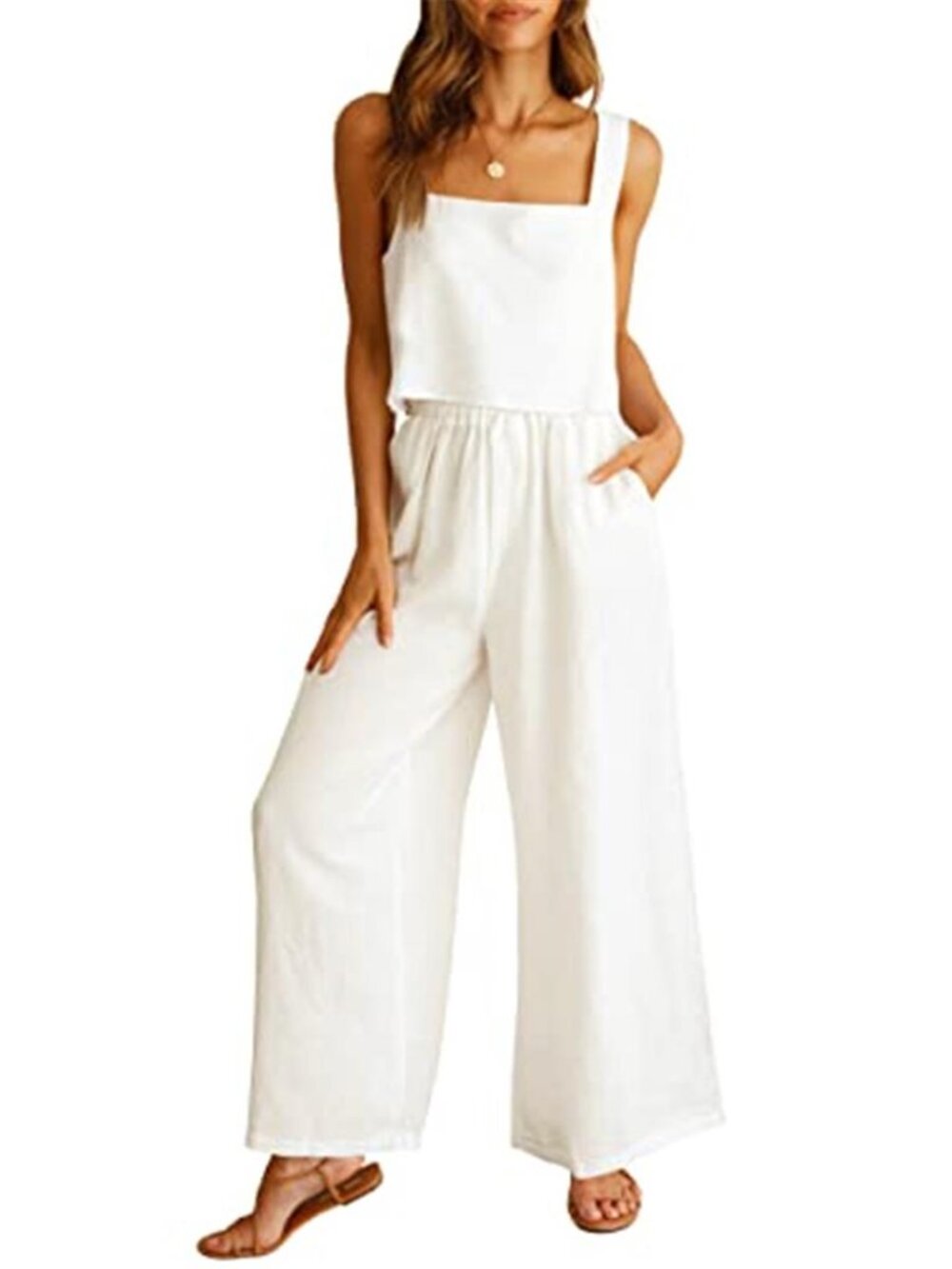 Linen Two Piece Pants Set Wide Leg Crop Top Summer Vacation Outfit